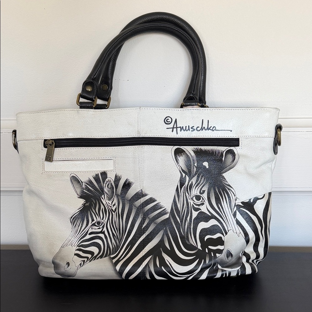 Anuschka Leather Tote Zebra Crossing Large Hand Painted Multi Compartment NWT